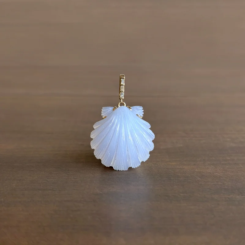 Fashion-Forward Geometric Jewelry For Contemporary Style Medium Hand Carved Blue Chalcedony Scallop Shell Pendant Fashion-Forward Geometric Jewelry For Contemporary Style Medium Hand Carved Blue Chalcedony Scallop Shell Pendant