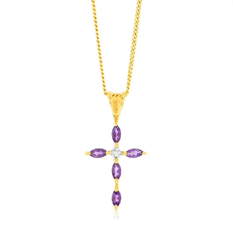 Exclusive Jewelry Sale – Shine For Less Natural Marquise Cut Amethyst Cross Diamond Pendant in 9ct Yellow Gold