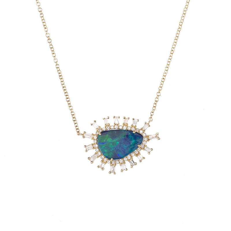 Everyday Jewelry Essentials Now On Sale Opal Slice Necklace with Baguette and Pave Diamond Halo Everyday Jewelry Essentials Now On Sale Opal Slice Necklace with Baguette and Pave Diamond Halo