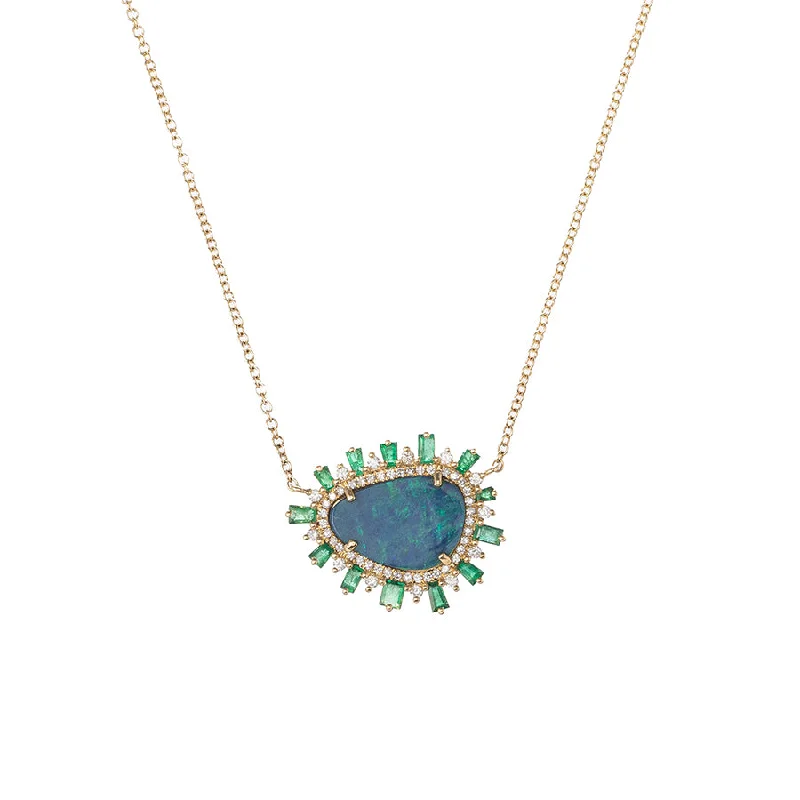 Shop High-Quality Jewelry At Jaw-Dropping Discounts Opal Slice Necklace with Pave Diamond and Baguette Emerald Halo