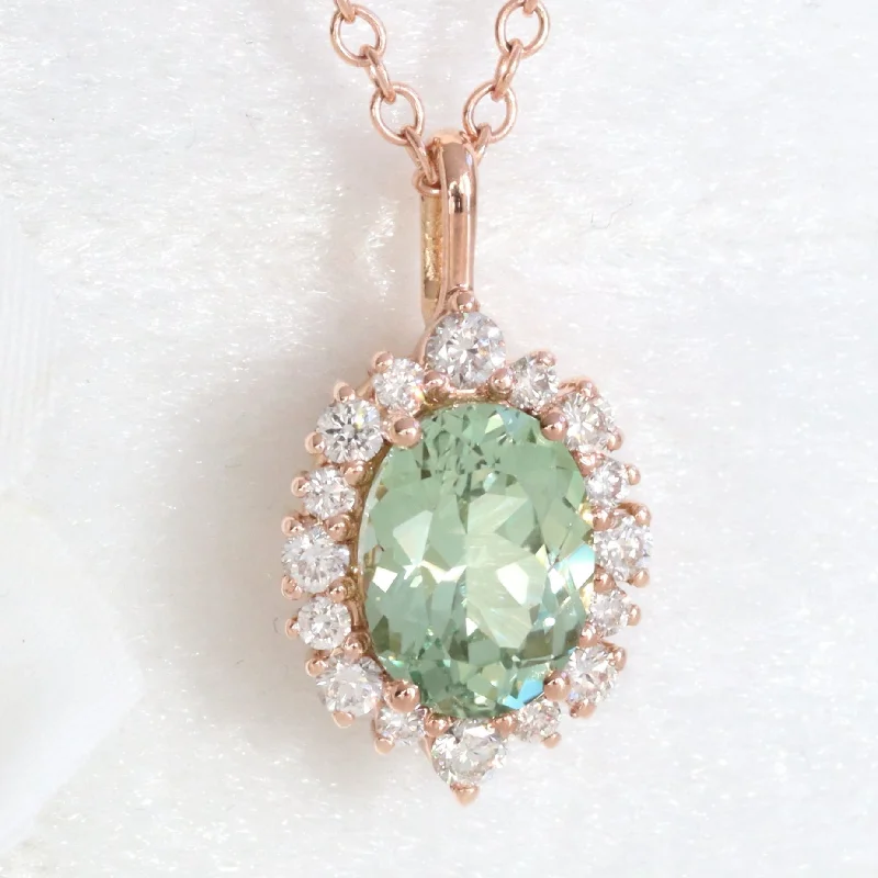 Oval Green Sapphire Necklace in 14k Gold Tiara Halo Diamond Pendant