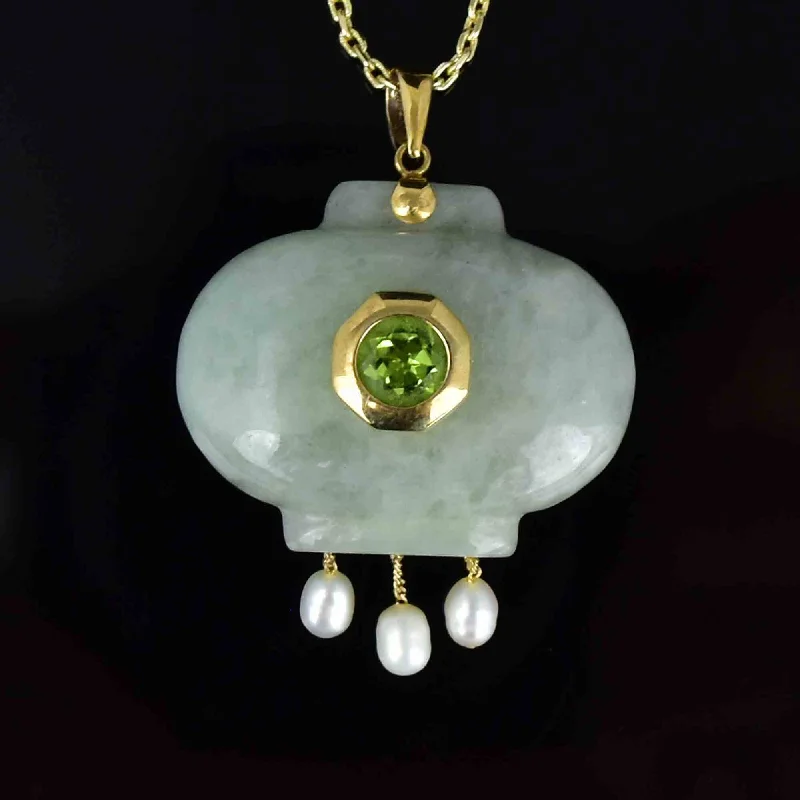 Handcrafted Beauty At Affordable Prices Vintage 14K Gold Carved Jade Peridot Pearl Pendant Necklace Handcrafted Beauty At Affordable Prices Vintage 14K Gold Carved Jade Peridot Pearl Pendant Necklace