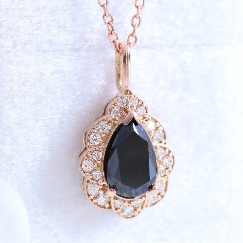 Pear Black Diamond Necklace in 14k Gold Vintage Halo Diamond Pendant