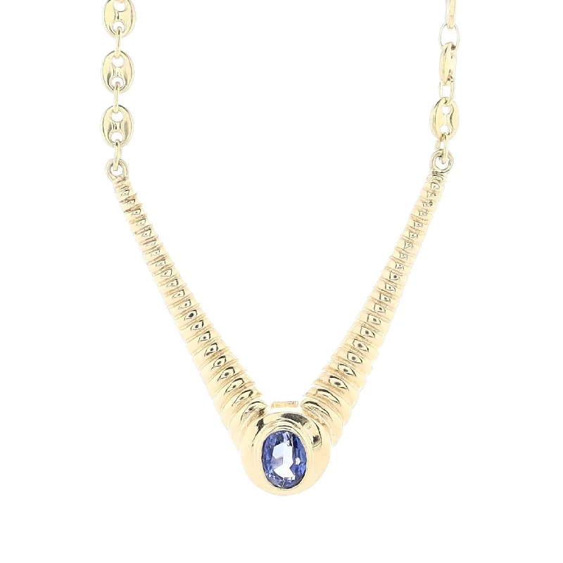 Dainty And Elegant Jewelry Now At Reduced Prices Estate 18k Yellow Gold Bezel Set Oval Sapphire in Ribbed "V" Design Necklace Dainty And Elegant Jewelry Now At Reduced Prices Estate 18k Yellow Gold Bezel Set Oval Sapphire in Ribbed "V" Design Necklace
