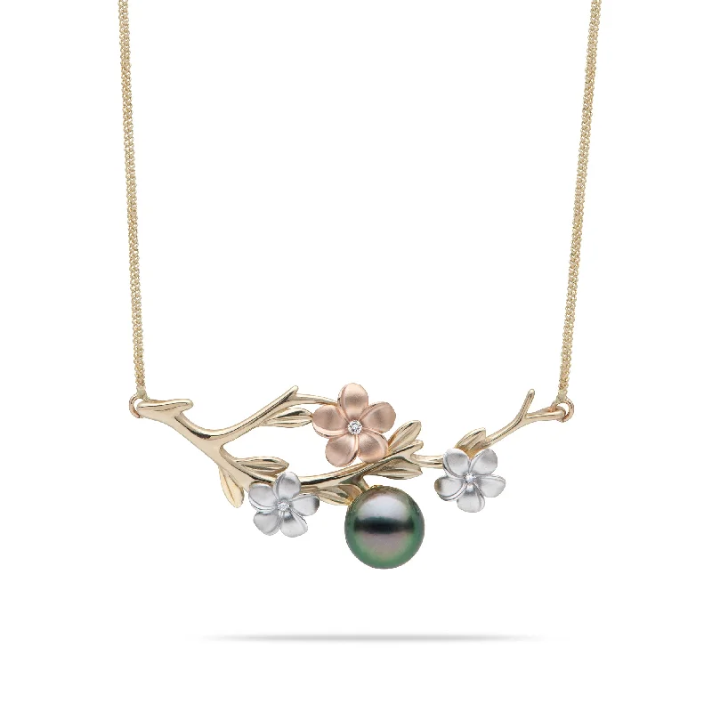 Luxury Jewelry Now At Special Promotional Rates 16-18" Adjustable Pearls in Bloom Plumeria Tahitian Black Pearl Necklace in Tri Color Gold with Diamonds - 48mm Luxury Jewelry Now At Special Promotional Rates 16-18" Adjustable Pearls in Bloom Plumeria Tahitian Black Pearl Necklace in Tri Color Gold with Diamonds - 48mm