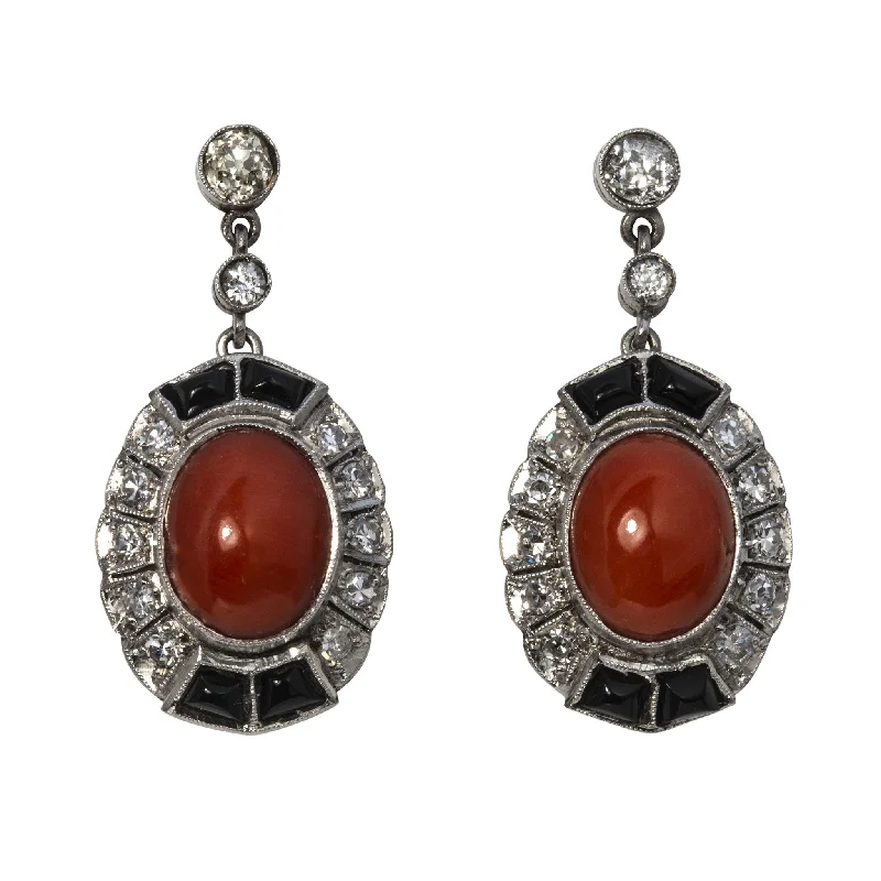 Affordable Glamour – Premium Jewelry For Less Art Deco Coral, Onyx & Diamond Platinum Drop Earrings Affordable Glamour – Premium Jewelry For Less Art Deco Coral, Onyx & Diamond Platinum Drop Earrings