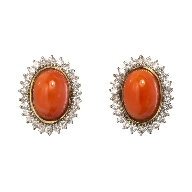 Luxury Handcrafted Jewelry For Elegant Looks Estate Coral Cabochon & Diamond 14K Gold Earrings Luxury Handcrafted Jewelry For Elegant Looks Estate Coral Cabochon & Diamond 14K Gold Earrings