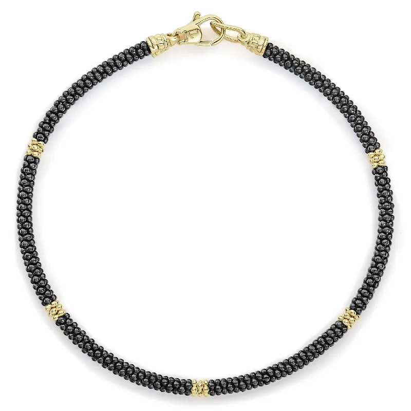 Black Caviar Five Gold Station Thin Ceramic Bracelet | 3mm