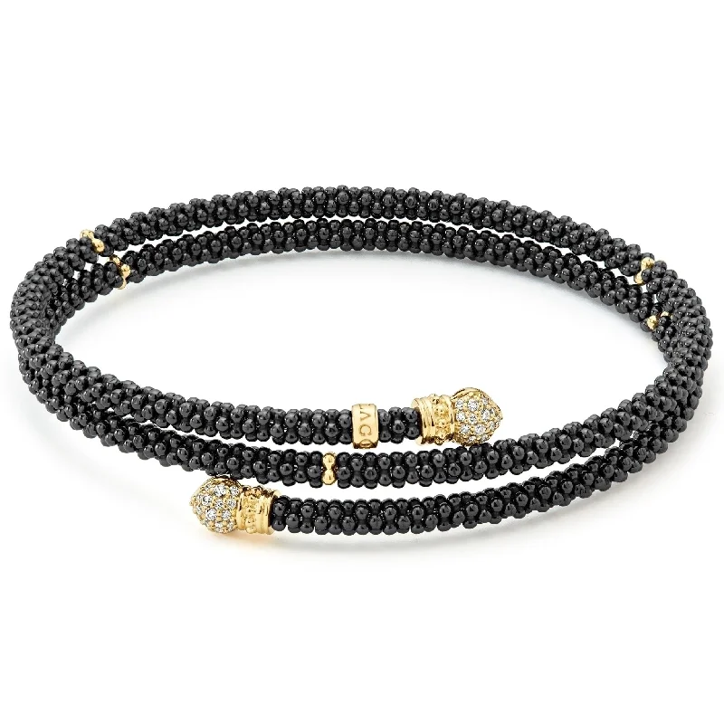 Dainty Floral Jewelry For Feminine Elegance Black Caviar Ceramic Wrap Diamond Bracelet | 3mm