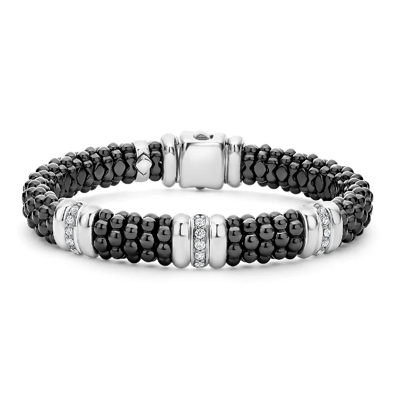 Clearance Sale On High-End Jewelry Collections Black Caviar Three Station Ceramic Diamond Bracelet | 9mm