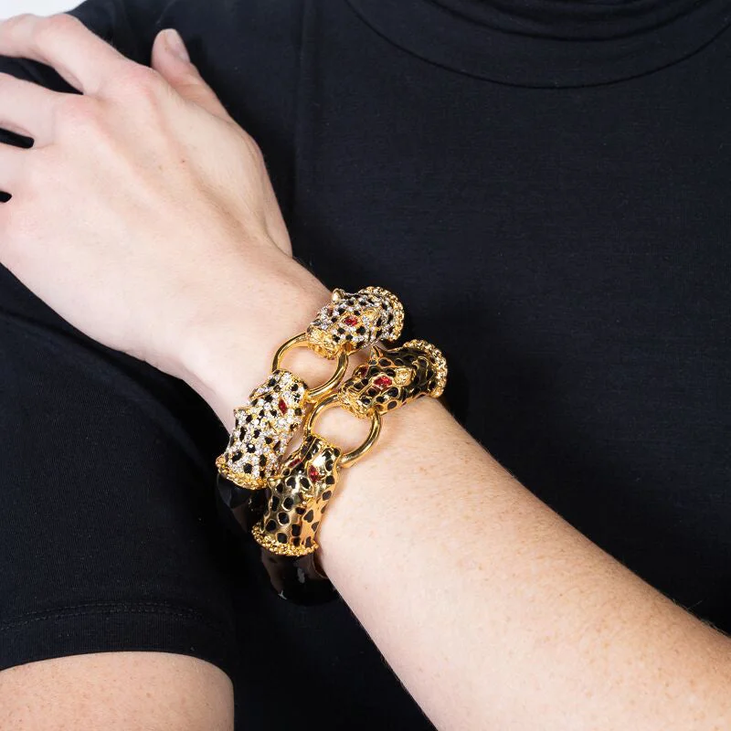 Buy More, Save More On Stunning Jewelry Pieces Gold with Black Spots Double Leopard Head Bracelet