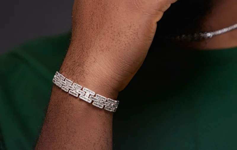 Modern Statement Jewelry For Bold Styling H Link Baguette cut Diamond Bracelet in 18K Gold