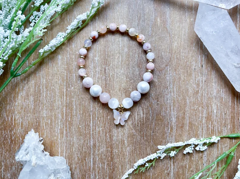 Affordable Luxury Jewelry For Every Occasion Flower Agate, Mother of Pearl & Selenite with Butterfly Beaded Bracelet || Reiki Infused