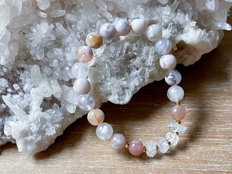 Exclusive Jewelry Sale – Shine For Less Flower Agate, Peach Moonstone & Herkimer Diamond Beaded Bracelet