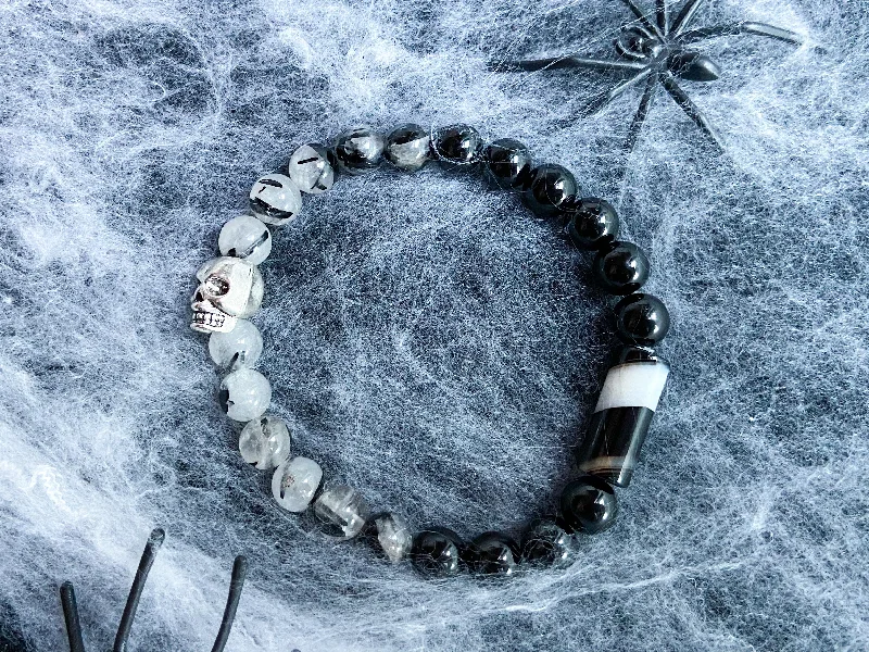 Timeless Elegance, Temporary Discounts – Act Fast Limited Edition Halloween Bracelet || Skull & Onyx Bar || Onyx and Tourmalinated Quartz