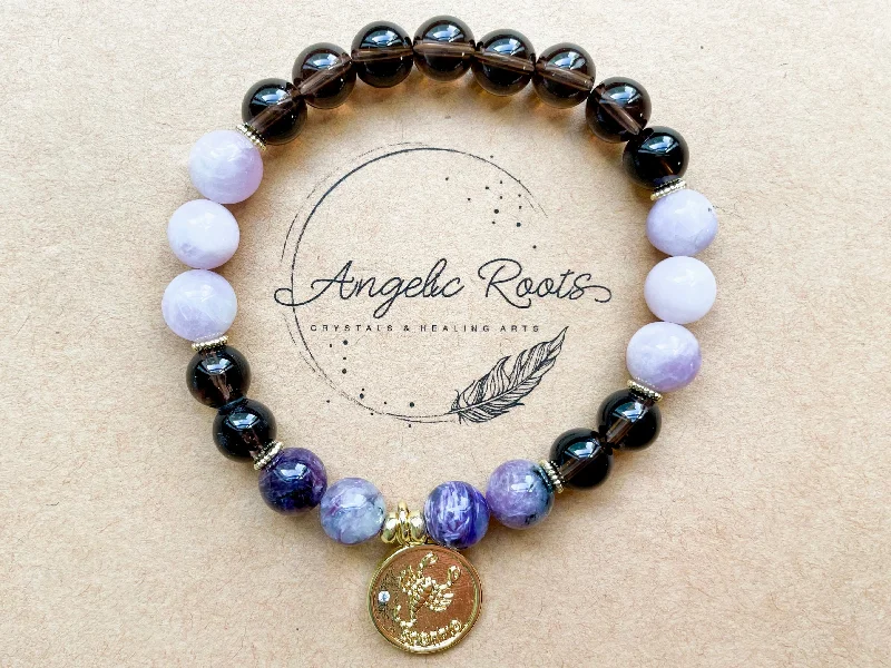 Limited-Stock Jewelry Sale – Shop Before It's Gone SCORPIO GOLD EDITION Smoky Quartz, Kunzite, Charoite Beaded Bracelet || Reiki Infused