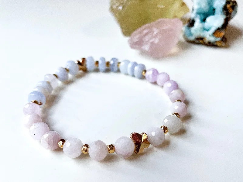 Shop Modern Jewelry Collections With Exclusive Discounts Blue Lace Agate & Faceted Kunzite with Gold Butterfly Charm Beaded Bracelet