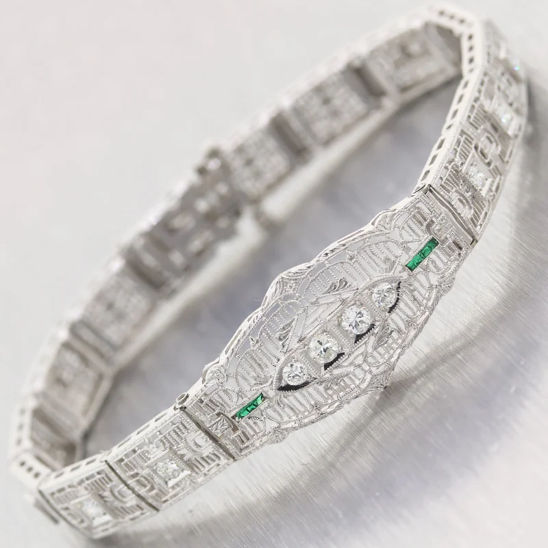Shop Dazzling Jewelry With Special Promotional Discounts 1930's Antique Art Deco 14k White Gold 1ctw Diamond & Emerald Filigree Bracelet Shop Dazzling Jewelry With Special Promotional Discounts 1930's Antique Art Deco 14k White Gold 1ctw Diamond & Emerald Filigree Bracelet