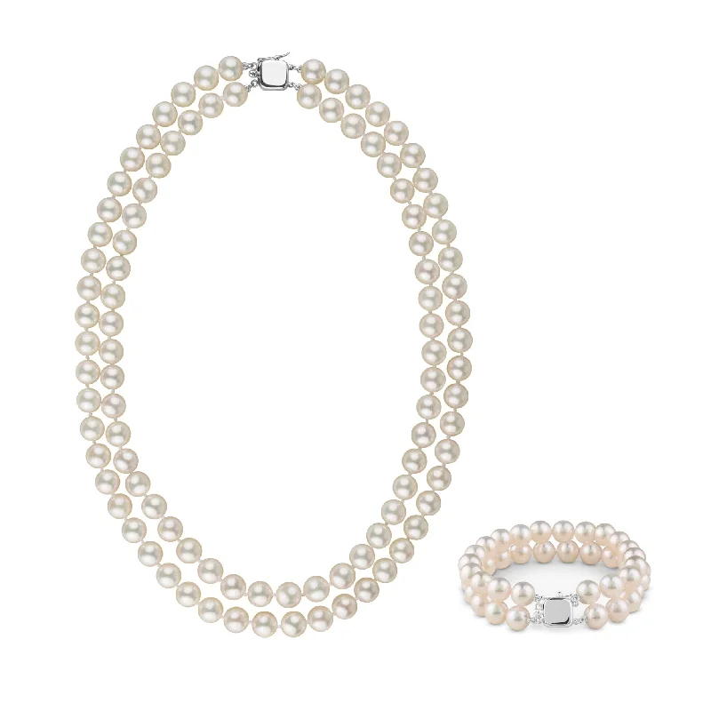 Handcrafted Beauty At Affordable Prices 8.0-8.5 mm AAA Blush White Silver Rose Tone Akoya Pearl Double Strand Necklace & Bracelet Set Handcrafted Beauty At Affordable Prices 8.0-8.5 mm AAA Blush White Silver Rose Tone Akoya Pearl Double Strand Necklace & Bracelet Set