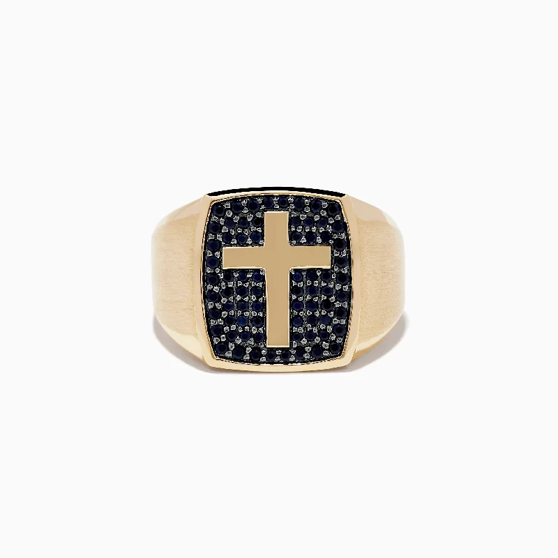 Luxury Handcrafted Jewelry For Elegant Looks Men's 14K Yellow Black Sapphire Gold Cross Ring Luxury Handcrafted Jewelry For Elegant Looks Men's 14K Yellow Black Sapphire Gold Cross Ring